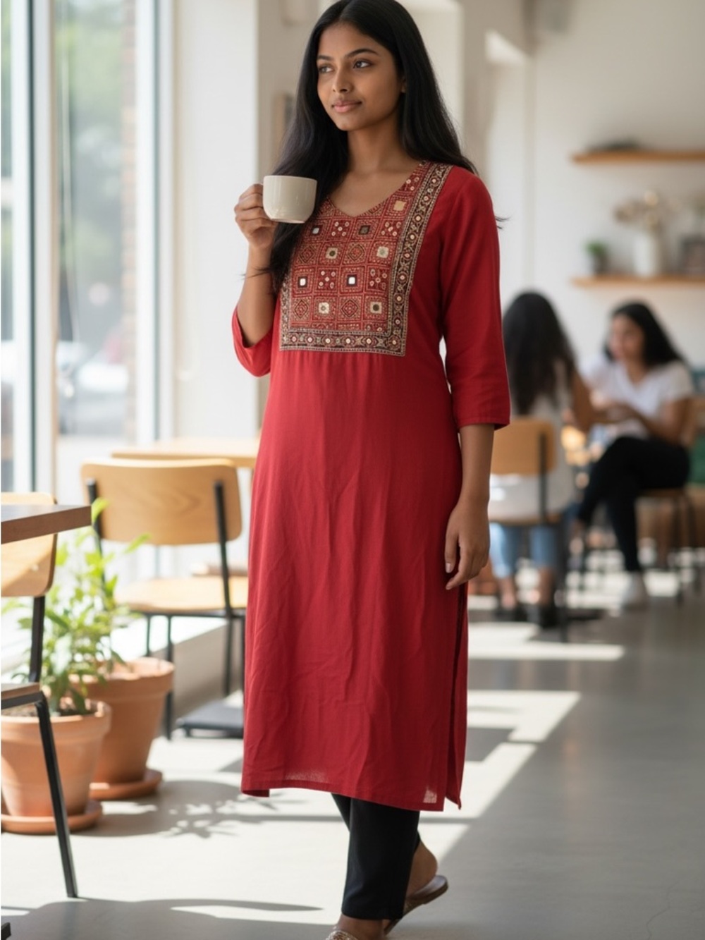 Embroidered Scoop Neck Red Tunic Top
